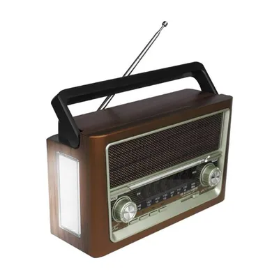 A retro-style portable radio with a wooden finish, a black handle, and an antenna.