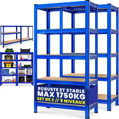 Image de MONZANA® 2x Étagères charge lourde bleu 5 niveaux 180x90x40cm Étagère métallique max 875kg Rangement garage atelier