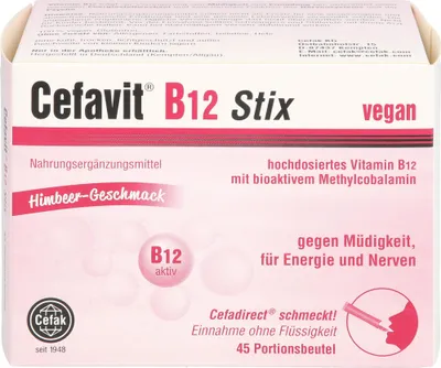 Produktbild von Cefavit B12 Stix gegen Müdigkeit, für Energie und Nerven mit Himbeer-Geschnmack, 45 St. Beutel