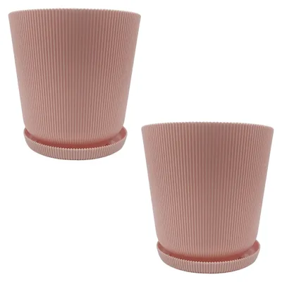 Obrázok produktu pre Relaxdays Kvetináč, sada 2 ks, kvetináč s podšálkou, drážkovaný, V x H: 20 x 20 cm, kvetináč na bylinky, plast, staroružová