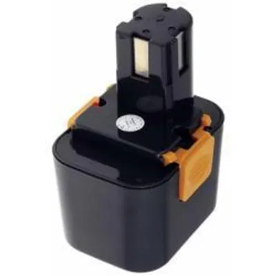 A black battery pack with orange clips, isolated on a white background.