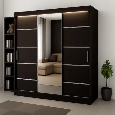 Obrázek produktu pro 3-dveřová posuvná skříň RIO-3 180x215cm wenge s ozdobnými lamelami - zrcadlo na přední straně, včetně polic, tyče, LED osvětlení, odolnost a styl