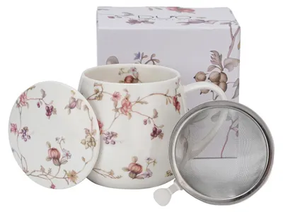 Immagine prodotto di DUO FLORAL tazza a botte 430 ml SAFA con colino per il tè, Nuova porcellana Bone China