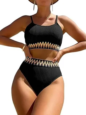 Produktbild von Push-Up-Bikini Damen-Bikini-Set gerippt hoch tailliert Badeanzug Hoch tailliertes geripptes Bikini-Crop-Top Badeanzug-Set, 2-teilig