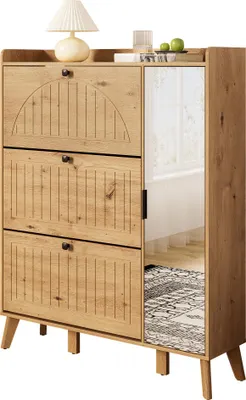 Produktbild von Moderner Schuhschrank mit Spiegel und drei Klapptüren – Hochformatiger Flurorganizer mit Ablage und Spiegel für den platzsparenden Eingangsbereich