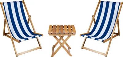 Two deck chairs and a small wooden table against a white background.
