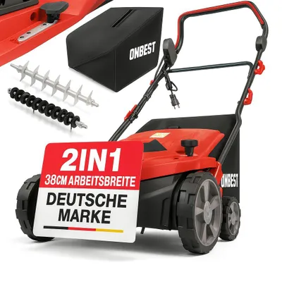 Produktbild von ONBEST S1838 Vertikutierer Elektro | 2in1 Rasenlüfter | 38cm Arbeitsbreite | 1800W | 24 Federkrallen | 16 Doppelmesser