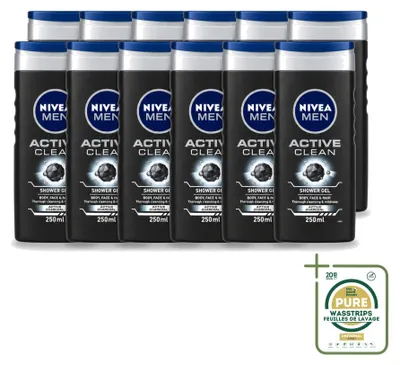 Obrázek produktu pro 12 kusů sprchového gelu Nivea Men Active Clean, objem 250 ml – balení pro větší spotřebu