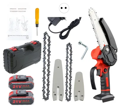 Produktbild von Akku-Kettensäge - Mini-Baumsäge - 21 V - 10/15 cm Führungsschienen - 2 Akkus - 2 Ketten - Holzschneiden - Rot