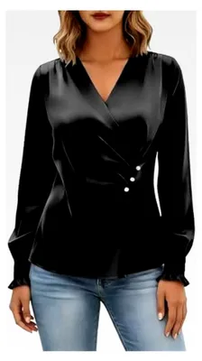 Produktbild von Elegante Damenbluse aus Satin mit langen Ärmeln, V-Ausschnitt, geraffter Vorderseite und Wickeldesign, ideal für Büro und festliche Anlässe