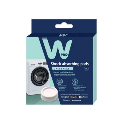 A product box for shock absorbing pads, featuring an image of a washing machine and one of the pads.