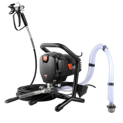 A black and orange airless paint sprayer with a hose and spray gun, set against a white background.