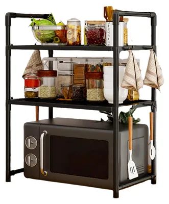 Produktbild von Mikrowellenregal stehend, 2/3-stufiges Mikrowellenregal, Aufbewahrungsregal für die Küche, Mikrowellenhalter mit 4/8 hängenden Haken, Mikrowellenhalter aus Kohlenstoffstahl, Küchenaufbewahrung Organizer