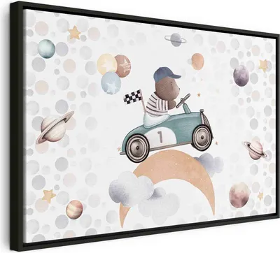 Produktbild von Italienischer Leinwand Leinwandbild - Galactic Races - A Bear Participating in Car Races Among Planets Clouds and Stars in Pastel Hues 90x60 cm Für Kinder e-C-10064-b-a