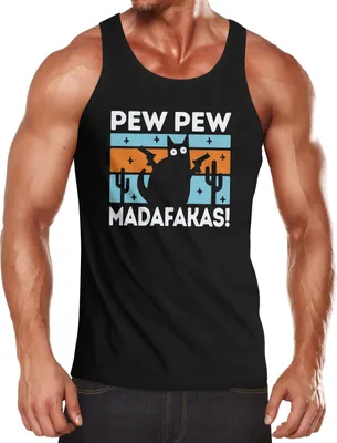 Produktbild von Herren Tanktop Pew Pew Madafakas Katze Cat crazy verrückt lustig Muscle Shirt Achselshirt Moonworks® schwarz S