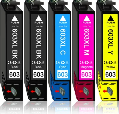Five printer ink cartridges lined up in a row against a white background.