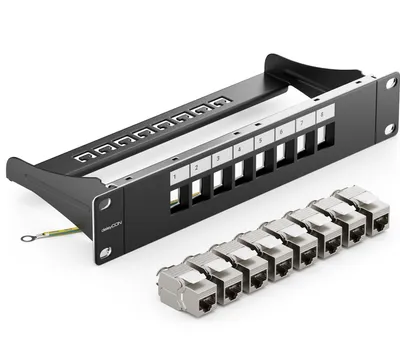 Produktbild von deleyCON 8 Port CAT7 Patchpanel SET Patchfeld Verteilerfeld Modular 1 HE 10" Zoll Rackeinbau + 8x CAT 7 Keystone Module RJ45 LAN Netzwerk 10 Gbit/s 600 MHz Verlegekabel Schwarz