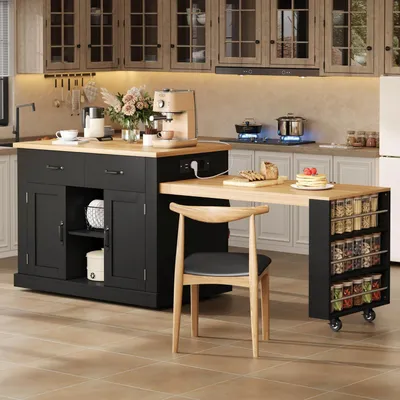 Image de Îlot de cuisine sur roulettes avec table extensible, dimensions 132 (235) x 60 x 93 cm, couleur : noir et aspect bois naturel
