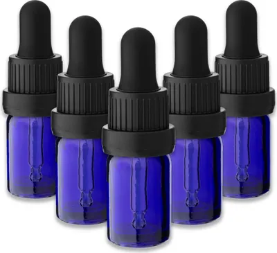 Produktbild von 5x Blaue Glasflasche 5 ml mit schwarzer Pipette Glasfläschchen 18 mm