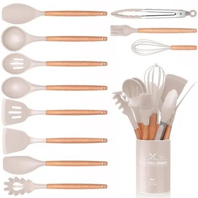 Produktbild von Famanu Küchenhelfer Set 12-teilig - Silikon, hitzebeständiger Holzgriff