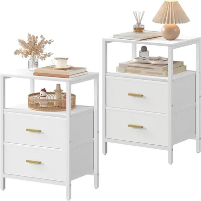 Obrázok produktu pre Nočné stolíky – Prídelové stolíky – Úložný priestor do spálne – S látkovými zásuvkami – 60 x 40 x 30 cm – Biele