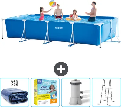 Immagine prodotto di Piscina Intex con struttura rettangolare - 450 x 220 x 84 cm - blu - include tenda da sole - pacchetto manutenzione - pompa filtro per piscina - scaletta