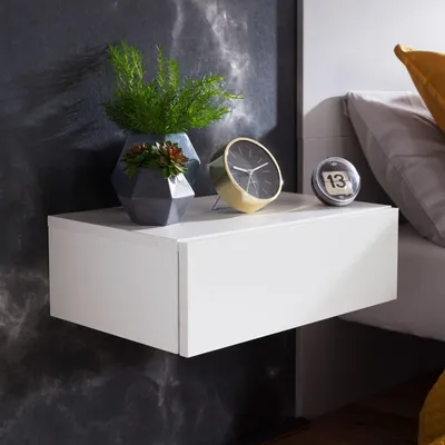 Zdjęcie produktu dla FineBuy Biała szafka nocna ZADAR do montażu na ścianie 46x15x30 cm Drewniana szafka nocna z szufladą Półka ścienna do łóżka kontynentalnego, wisząca