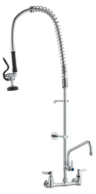 Produktbild von Commercial Faucet with Pre-Rinse Sprayer, 44" Height, 8" Center, 12" Swing Spout, Wall Mount Kitchen Sink Faucet, Brass Constructed Device with Pull Down Spray, for 1/2/3 Compartment Sink