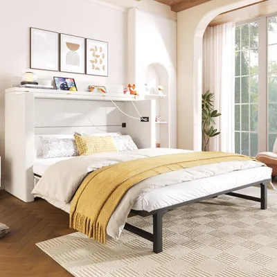 Productafbeelding van Kastbed 140 x 200 cm met lade, opbergvak, USB en Type-C, ombouwbaar, linnen bekleding, beige