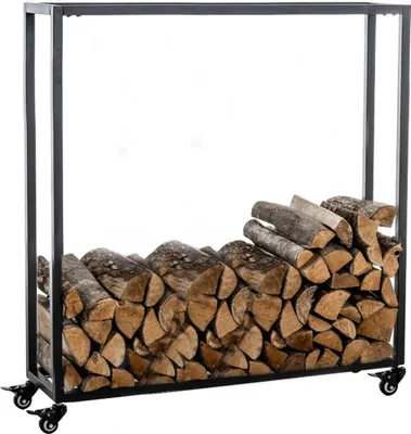 A black metal firewood rack filled with logs, shown on a white background.