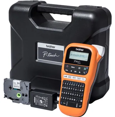 Produktbild von Brother PTE110VPYP1, QWERTY, TZe, 180 x 180 DPI, 20 mm/sek, Schwarz, Orange