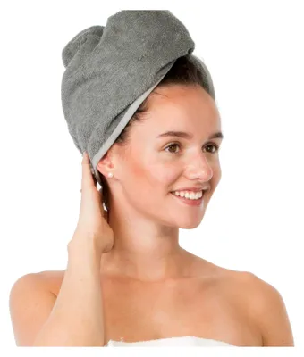 Produktbild von Haarturban Haartrockentuch Kopftuch Haarkappe Handtuch mit Knopf 100% Baumwolle Grau