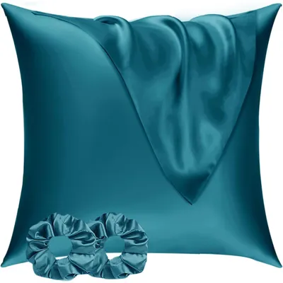 Productafbeelding van Kussensloop satijn, 80x80 cm, set van 2, petrolblauw, met 2 elastische haarbandjes