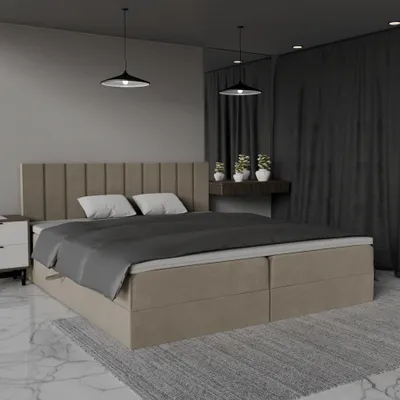 A bedroom scene with a bed, nightstand, and curtains.