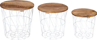 Produktbild von 3er Set Beistelltisch Metall Metallkorb Weiß  Mango Couchtisch Deckel Deko