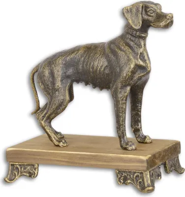 Produktbild von Eine gusseiserne Figur eines Hundes auf einem Holzsockel Replikat Retro Design Dekoration