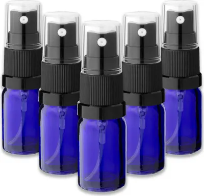 Produktbild von 5x Blaue Glasflasche 5 ml mit schwarzem Zerstäuber Sprükopf Pumpspray