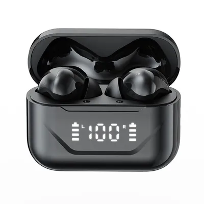 A pair of black wireless earbuds in their charging case, with the lid open.