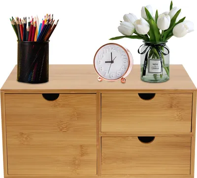 Obrázek produktu pro Bambusové úložné boxy Stolní organizér - Mini bambusová zásuvka Stolní úložný box pro kancelářské potřeby (3 zásuvky)