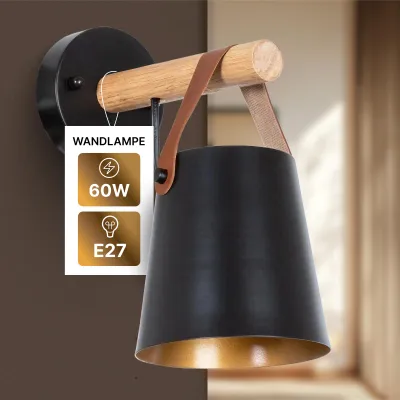 Zdjęcie produktu dla Lampa ścienna wewnętrzna, czarna, jednoźródłowa, abażur z tkaniny, drewno i sztuczna skóra, marka ARTE LAMP Thomas, gwint E27, moc do 60 W, idealna do sypialni, wymiary: 22 x 13 x 25 cm, model A7032AP-1BK