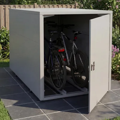 Produktbild von 2er-Fahrradgarage HWC-P93, Fahrradunterstand Fahrradbox Bikebox, abschließbar verzinkter Stahl 123x113x208cm  hellgrau