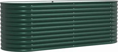 A dark green, corrugated metal raised garden bed.