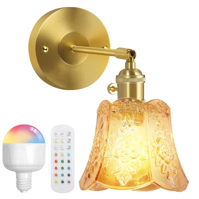 Produktbild von Wandleuchte Vintage Bernstein Rose Glas Lampenschirm Innen Wandlampe E27 mit LED RGB Aufladbare Glühbirne und Fernbedienung