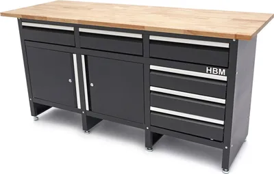 Immagine prodotto di Carrello portautensili professionale in metallo per officina con 6 cassetti,2 ante ruote-mobile 171 cm ,portattrezzi con piano di lavoro in legno massiccio Hbm Machines Olanda