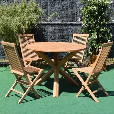 Produktbild von Teako Design Gartenmöbel-Set 5-teilig Teak Klappstuhl Tisch Rund 100 cm