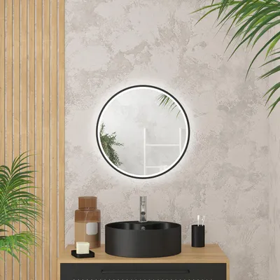 Runder LED-Badspiegel Ø50 cm, schwarz, Wandmontage
