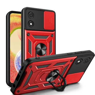 A red and black phone case with a ring holder is shown from multiple angles against a white background.