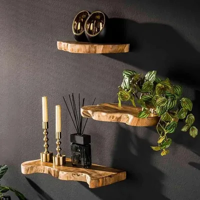 Imagen del producto de Estantería flotante de madera maciza con borde de tronco, color natural oscuro, juego de 3 estanterías de 40 cm, estantería de estilo rústico de madera de teca, estantería de madera sencilla, tabla de madera maciza natural para pared, madera maciza auténtica