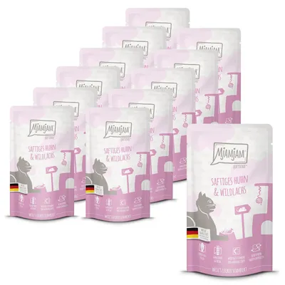 Immagine prodotto di MjAMjAM - Quetschie - 12x125g Pollo e Salmone selvatico Cibo umido senza cereali per gatti Alimento completo