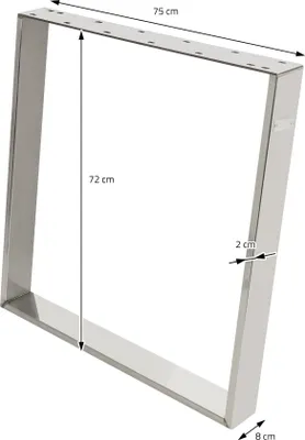 A silver metal table leg frame with dimensions indicated.